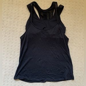lululemon black mesh bra top layered w/ striped workout tank top